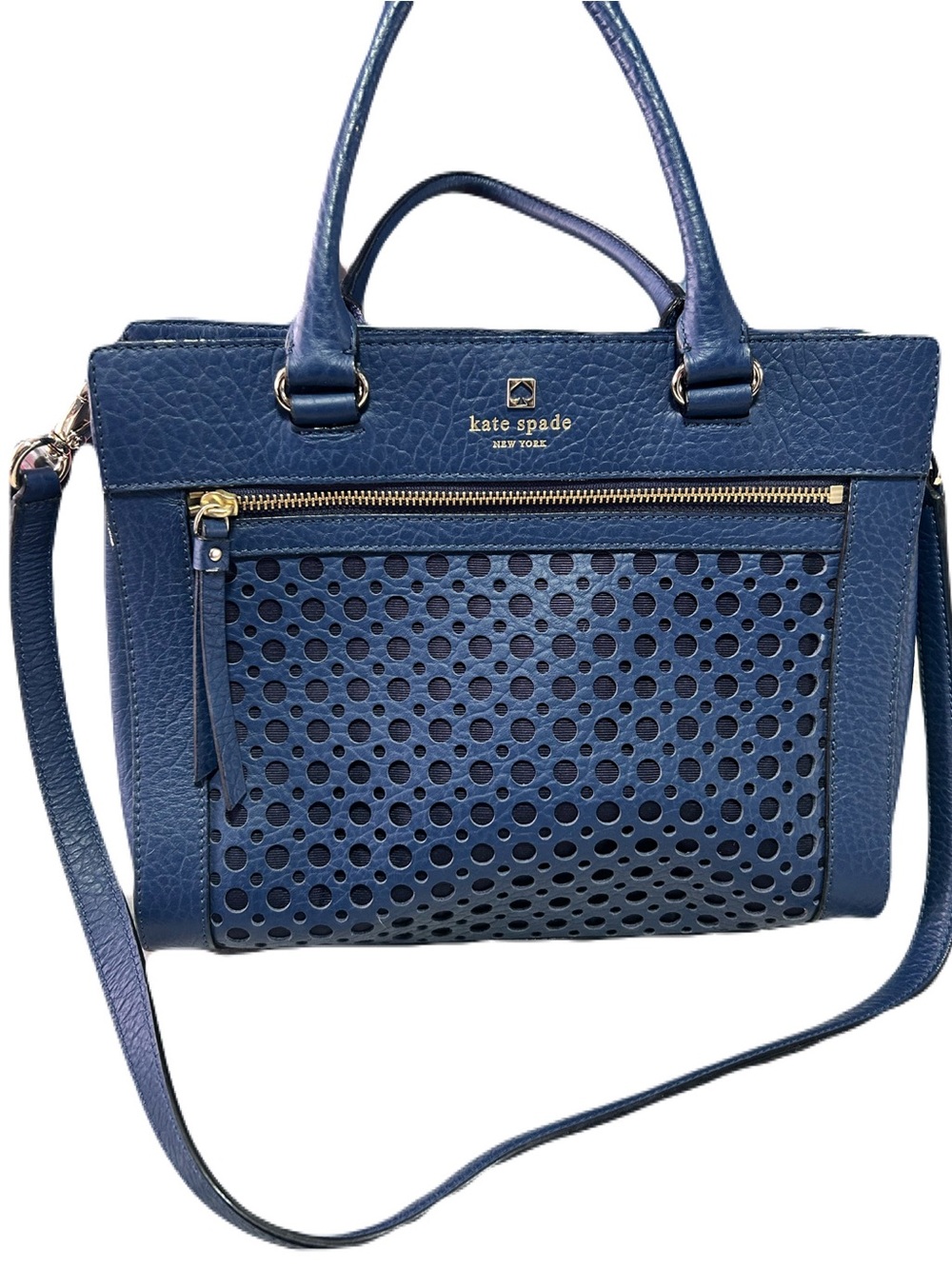 kate spade Navy Perforated Leather Satchel with Gold Hardware